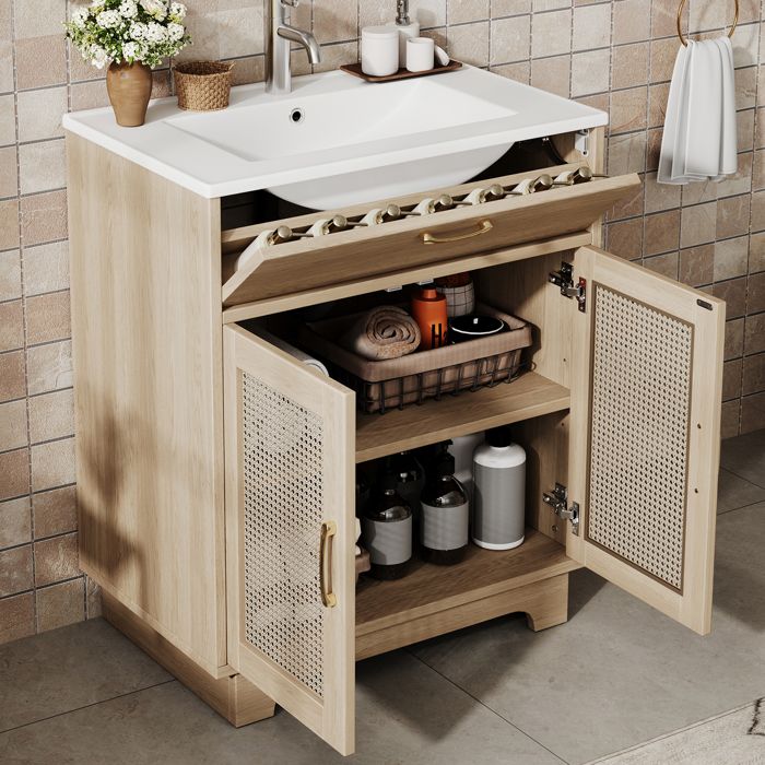Meuble vasque sur pied 76x46x88 cm avec lavabo céramique 3 portes structure en MDF couleur naturelle