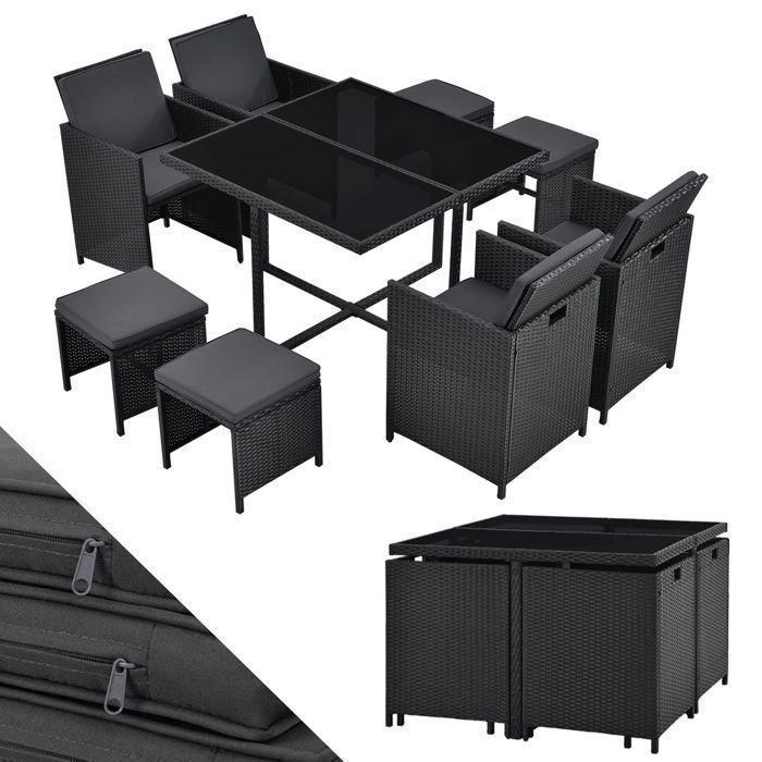 Salon de jardin Baracoa L en polyrattan – 9 pièces noir