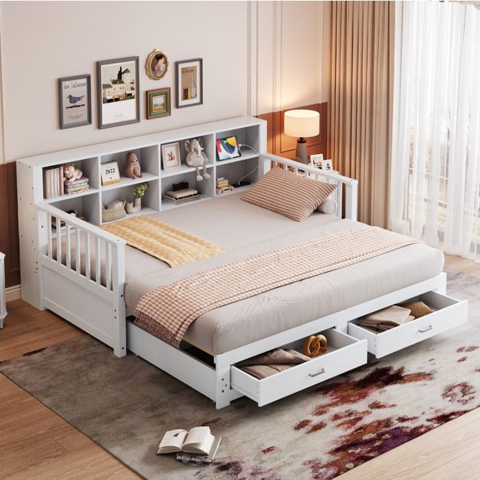Lit gigogne blanc 90×190 cm extensible 180×190 cm sommier inclus rangements intégrés sans matelas