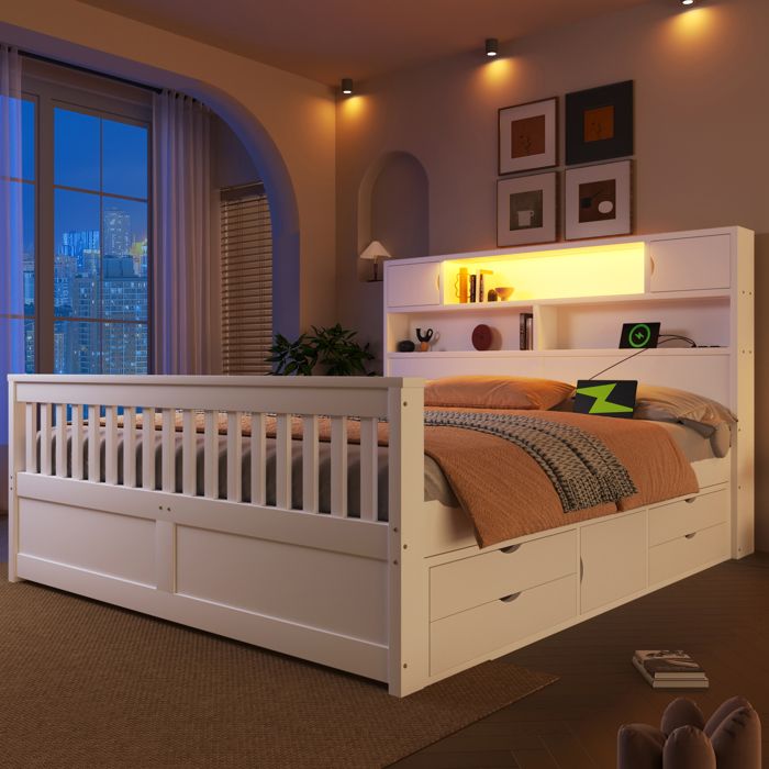 Lit plateforme - 160x200 cm - 4 tiroirs - LED intégrée - Sommier 11 lattes