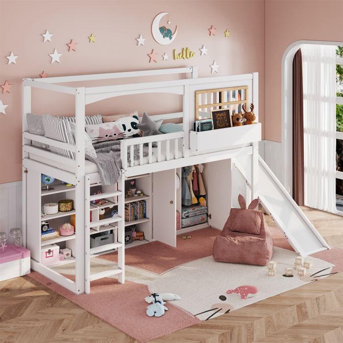 Lit mezzanine enfant - KOMHTOM - Mezzanine 90x200 - Toboggan - Penderie et rangements - Échelle 4 marches