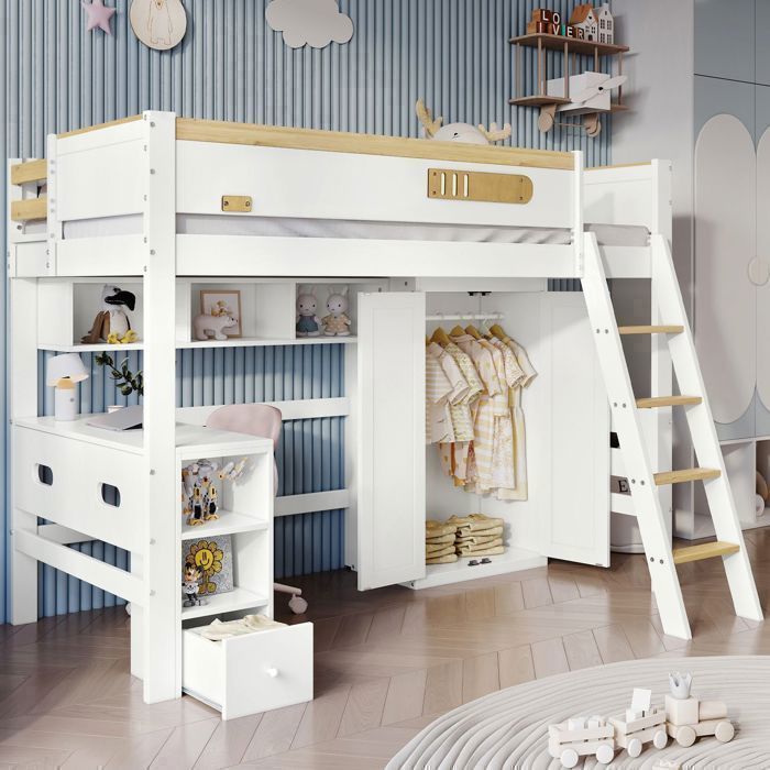 Lit Mezzanine Enfant - SOGEU - Modèle avec bureau et armoire - 90x200 cm - Pin massif & MDF - Échelle 4 marches