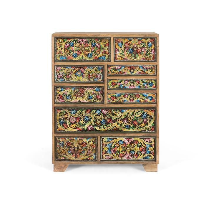 Commode florale - Giner y colomer - Motifs floraux peints à la main - Bois de manguier - Dimensions 90x70x30 cm