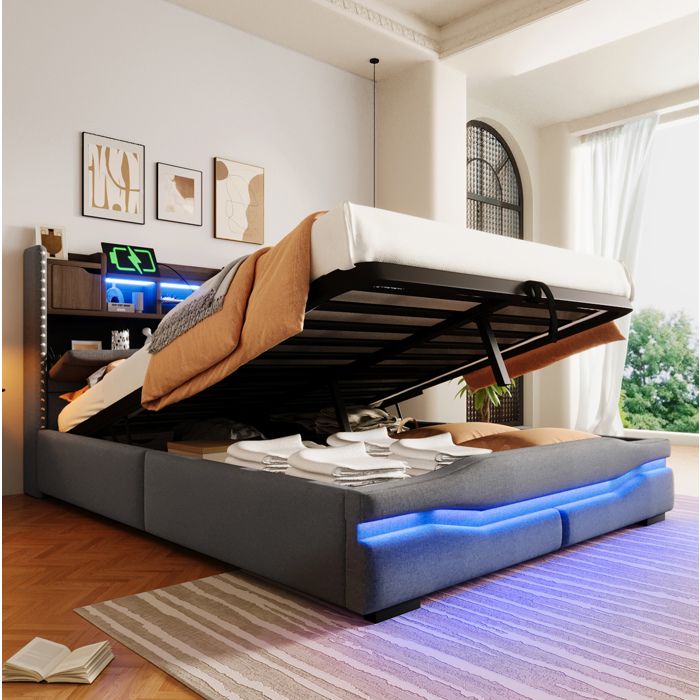 Lit coffre 140x200 cm avec rangement hydraulique prises USB/Type-C et LED contrôlées par app lin gris