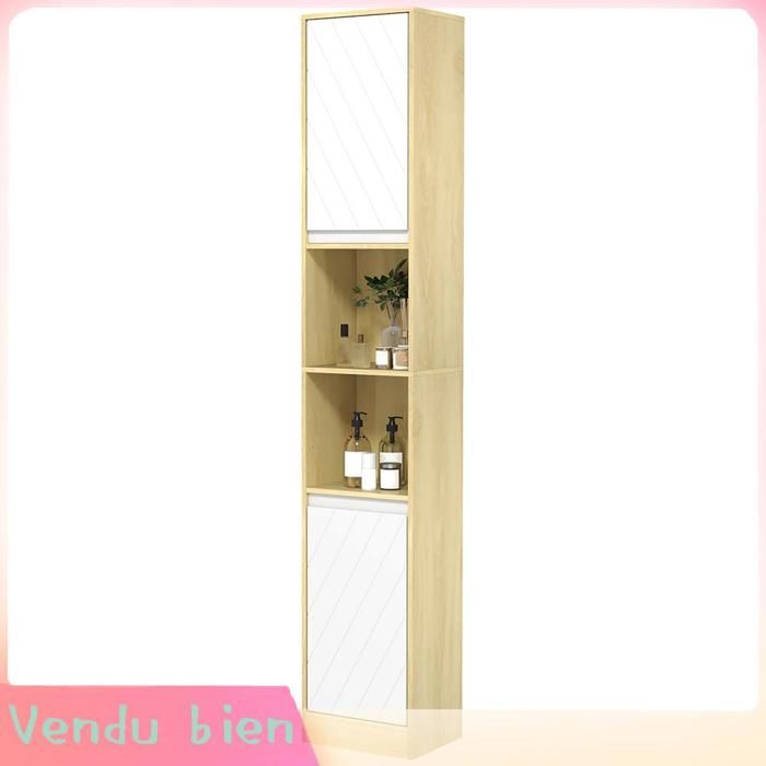 LIA Meuble colonne rangement salle de bain style cosy 30 x 24 x 170 cm 2 portes étagère 2 niches chêne clair blanc