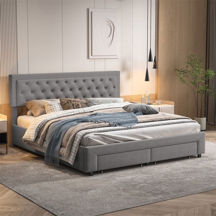 Lit coffre 160x200 cm - Lit double 160 x 200 cm avec tiroirs et rangement - Sans matelas - Gris