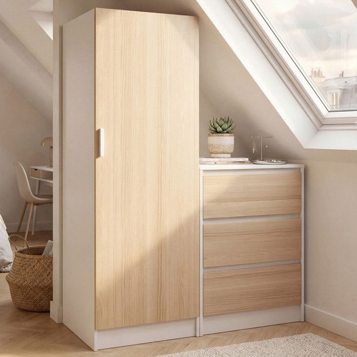IDMARKET Armoire 1 porte AMBRE penderie avec commode 3 tiroirs 100 cm modulable façon hêtre et blanc IDMARKET Armoire 1 porte AMBRE penderie avec commode 3 tiroirs 100 cm modulable façon hêtre et blanc