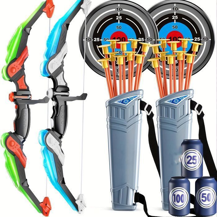 Jeu de Tir à lArc Enfant 3-12 Ans avec 2 Arcs Lumineux LED 20 Flèches 2 Carquois 2 Cibles à Fléchettes et 6 Cibles en Mousse