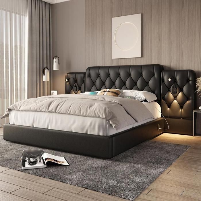 Lit coffre - KOMHTOM - 160x200 cm - Velours noir - Coffre hydraulique - Sommier inclus