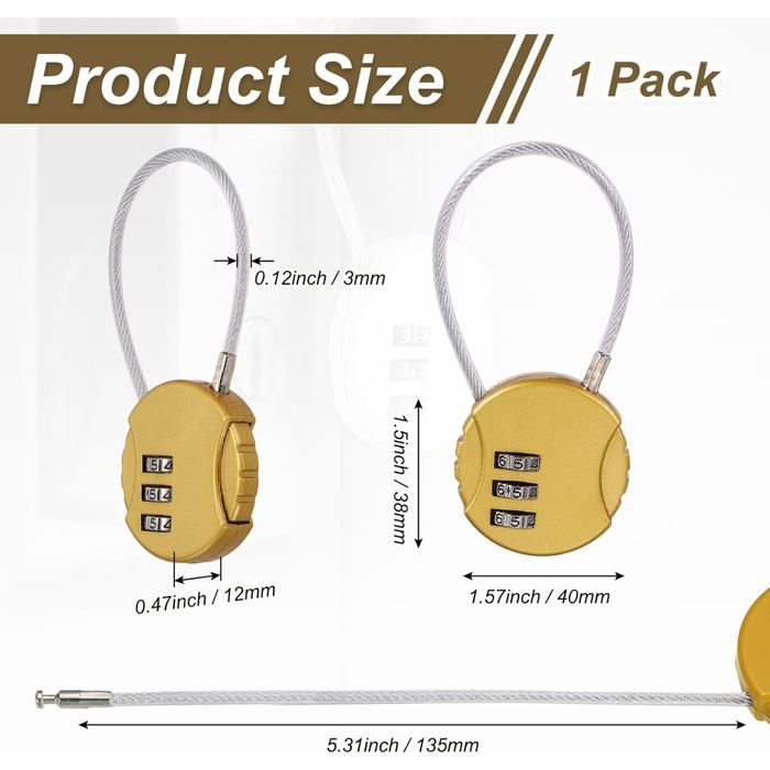 Câble antivol - PZCC - Mini cadenas - Doré - Câble acier 135 cm - Code 3 chiffres