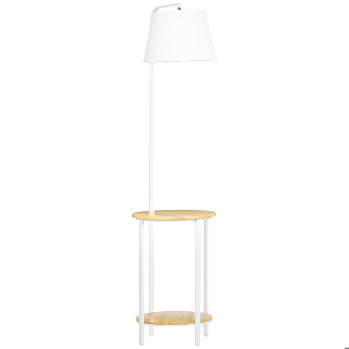 Lampadaire avec étagères - Hauteur 162 cm - Abat-jour en lin blanc - Deux étagères intégrées - Structure en acier