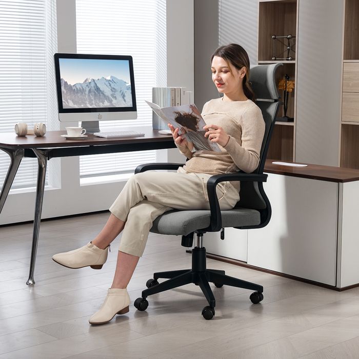 Fauteuil de bureau - Dossier haut - Laine synthétique gris - Réglable hauteur & inclinaison - À roulettes