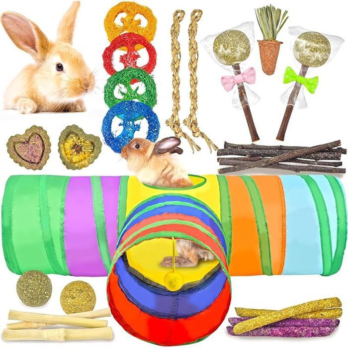 26-in-1 Jouets naturels pour Lapin avec Tunnel Pliable Lapin Divers Jouets à mâcher et cachettes pour Petits Animaux activité
