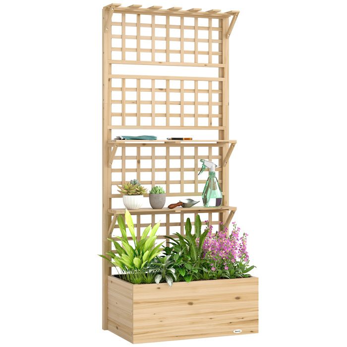 Jardinière avec treillis et toit en bois pour plantes grimpantes 2 étagères drainage et doublure 76 x 43 5 x 177 cm natur