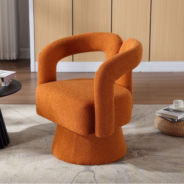 Fauteuil pivotant 360° bouclé orange avec accoudoirs assise rembourrée 67 x 55 x 74 cm