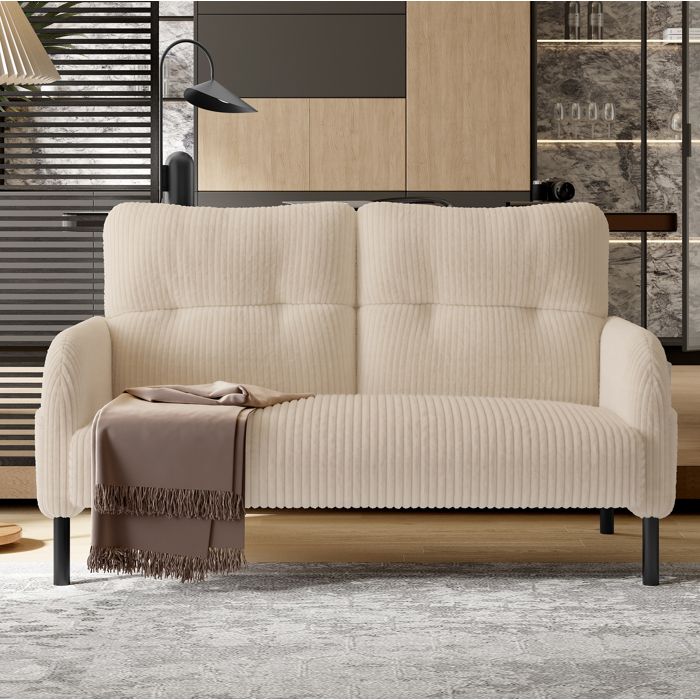 Canapé fixe 2 places beige en velours côtelé 120 x 75 x 79 cm avec poches latérales et pieds en métal