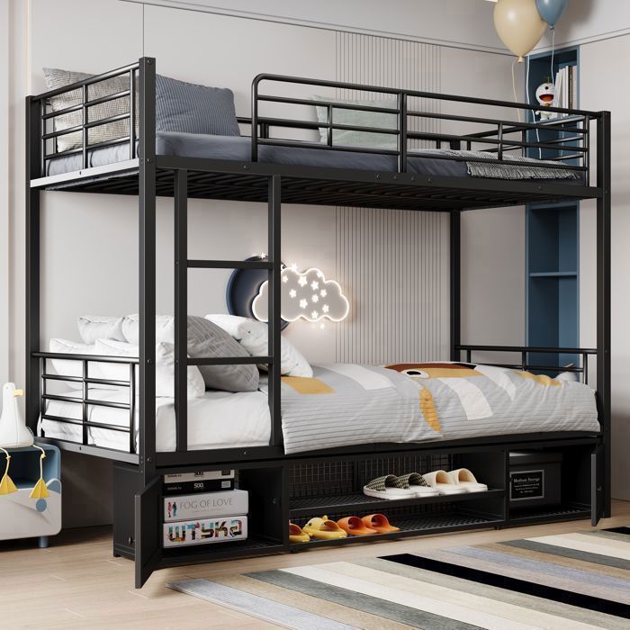 Lit superposé 90 x 200 cm - avec rangements et étagère à chaussures - en métal noir - pour enfants et adolescents - JOINERY