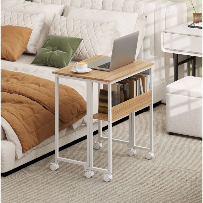 Bureau pliant compact sur roulettes avec étagère ouverte et poche de rangement bois naturel et blanc 63 x 50 x 75 cm