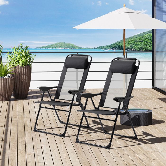 Fauteuil de jardin pliant lot de 2 avec dossier réglable 5 positions et accoudoirs - TCQPZ - en acier noir