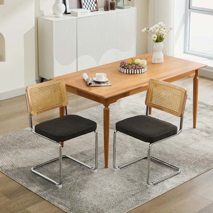 Lot de 2 Chaises de Salle à Manger Chaise Cuisine avec Dossier en Rotin et Pieds en Métal pour Salle à Manger Salon VeloursNoir
