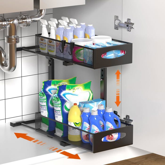 Housolution Rangement sous Évier en Métal 2 Niveaux Étagère sous Évier Coulissant de Cuisine avec Hauteur Réglable Organisateur so