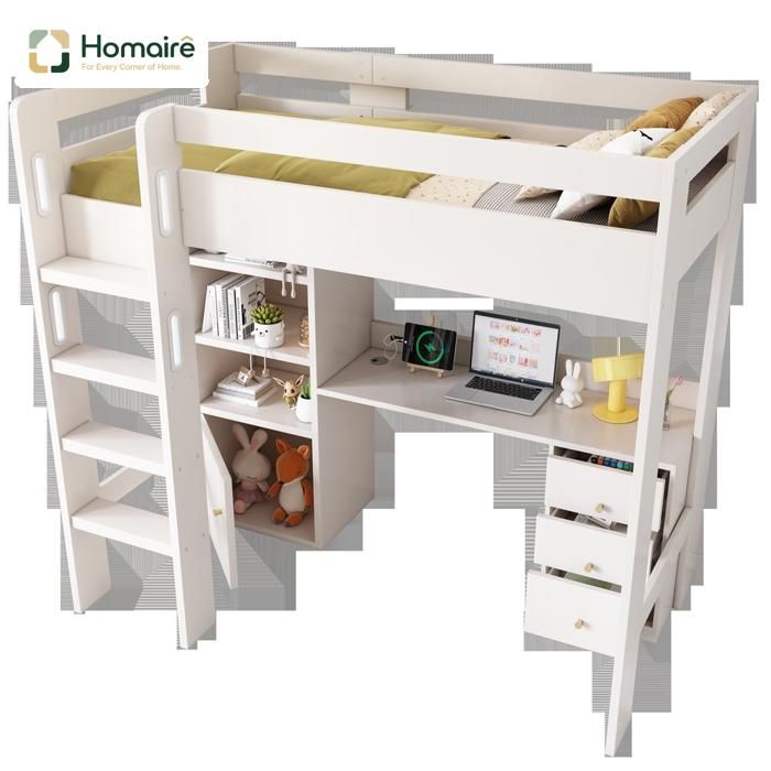 Lit loft multifonctionnel blanc avec bureau et rangement chargeur USB-C pour adolescents et étudiants HOMAIRE