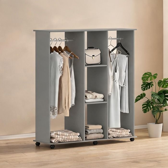 Armoire penderie grise en panneau de particules 120 x 40 x 128 cm 2 barres 3 étagères 6 roulettes