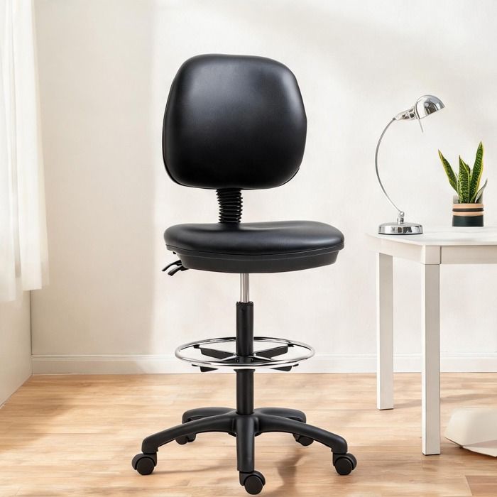 Tabouret esthétique à roulettes pivotant hauteur réglable 69-91 cm dossier inclinable et repose-pieds ajustable PVC noir