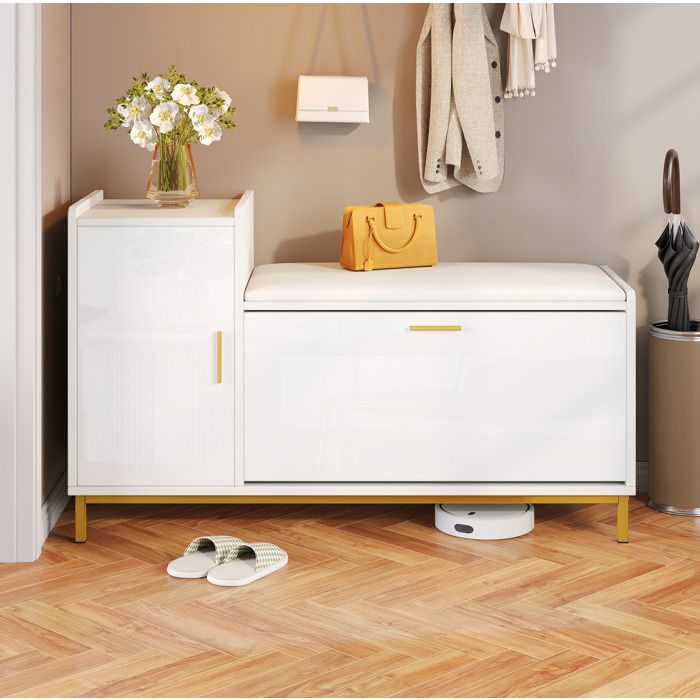 MEUBLIV Meuble à chaussures avec banc 100 x 38 x 68 cm 2 niveaux 1 placard blanc et or