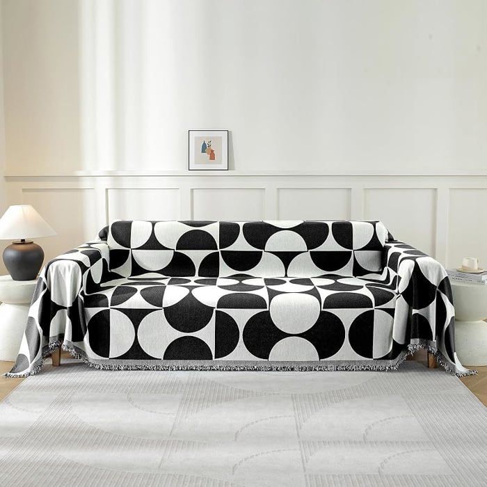 Housse Canapé 180x230 cm Noir Blanc - Jeté Universel 1/2/3/4 Places - Antidérapant Élastiques - Plaid Doux Déco HOUSSE DE CANAPE