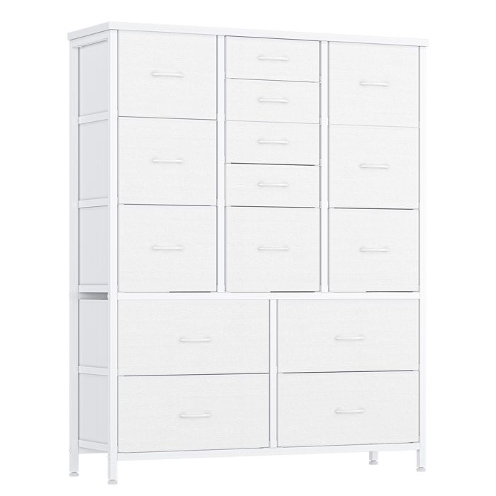 Commode haute 15 tiroirs tissu – Armoire de rangement robuste avec cadre métal et plateau bois – chambre entrée salon– Blanc