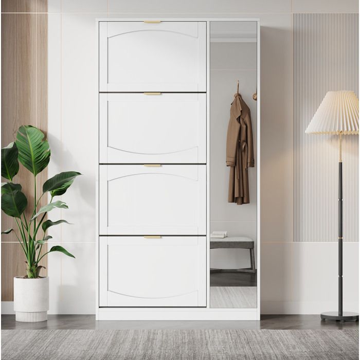 Meuble à chaussures d’entrée avec miroir 4 compartiments rabattables étagère réglable blanc 80 x 24 x 147 cm TYNQER