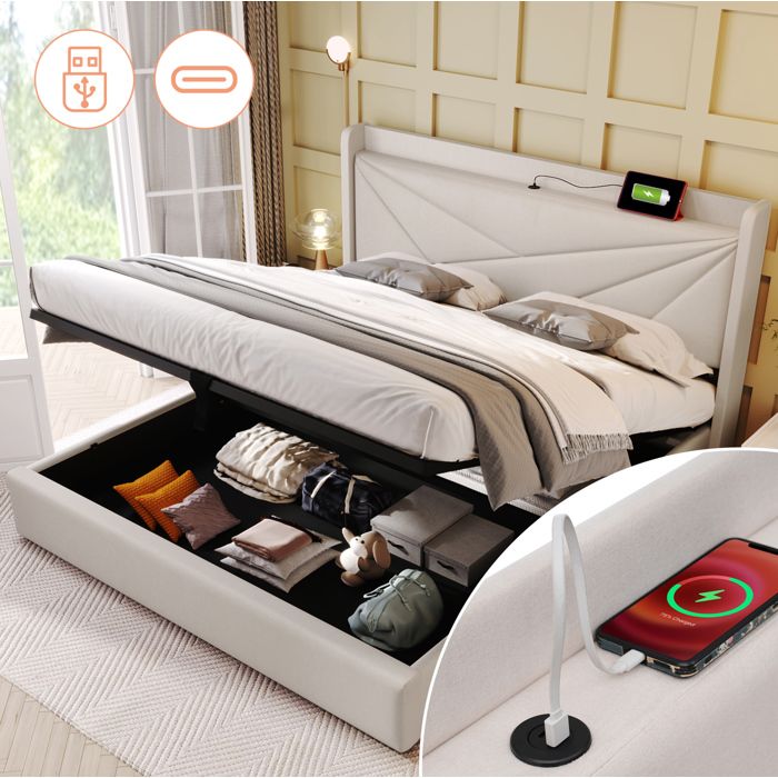 Lit coffre lit double 160x200 beige en coton lin avec USB Type-C tête de lit et sommier à lattes FOLYNA