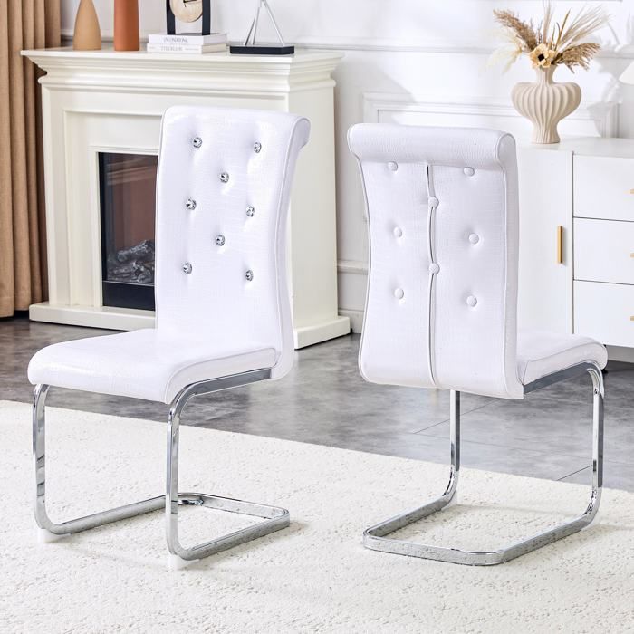 Lot de 2 chaises rétro simili cuir crocodile dossier capitonné avec boucle cristal piètement galvanisé