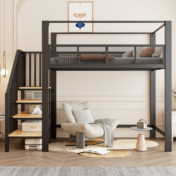 Lit mezzanine haut - SOGEU - Metall-Hochbett - 90 x 200 cm - Escalier avec rangements - Baldaquin personnalisable
