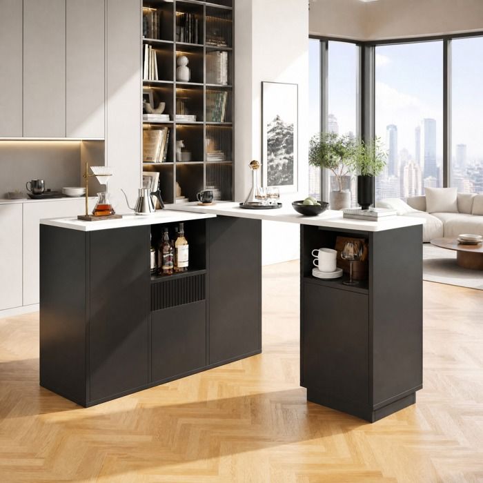 MEUVYX Meuble Bar de Cuisine Rotatif à 360 Degrés avec Rangements Ouverts et Fermés Plateau Effet Marbre en MDF Noir