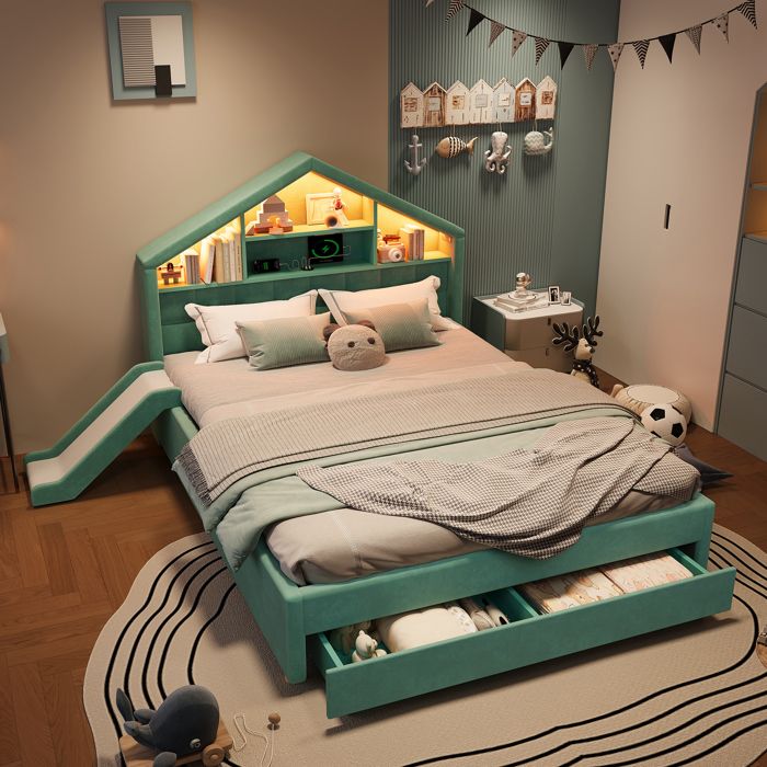 Lit Cabane pour enfant 140x200 avec Toboggan (à gauche ou à droite) éclairage LED Port de charge étagère en tête de lit et tiroir
