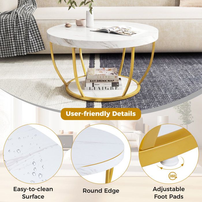 Design grain de bois table basse ronde 2 niveaux avec rangement cadre métal pour salon ou bureau