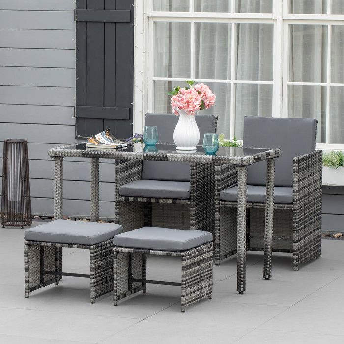 ROVRYN Salon de jardin 4 personnes 5 pièces en résine tressée grise avec table en verre 120 x 60 cm