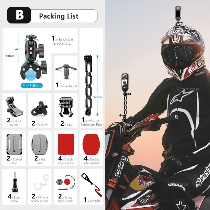 Tapez B--caméra d'action pour moto Insta360 X3 One X2, Kit de montage avec bras d'extension en alliage d'alum