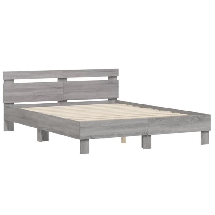 Cadre de lit - AKOZON - 140x190 cm - Bois dingénierie - Tête de lit - Sonoma gris