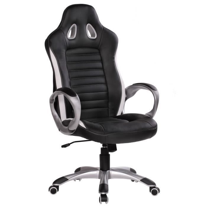 chaise de bureau cuir amstyle racer - noir avec bords blancs - pivotant - réglable en hauteur