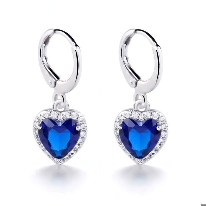 Boucles dOreilles - Femme - Cœur - Bleu Profond – Plaqué Or Blanc - Cristal Autrichien - 25 mm