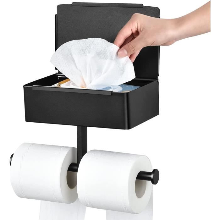 Porte Papier Toilette Mural 2-en-1 Hovea - Avec Rangement Et Support Smartphone, Fixation Avec/sans Perçage, Noir Mat - 5
