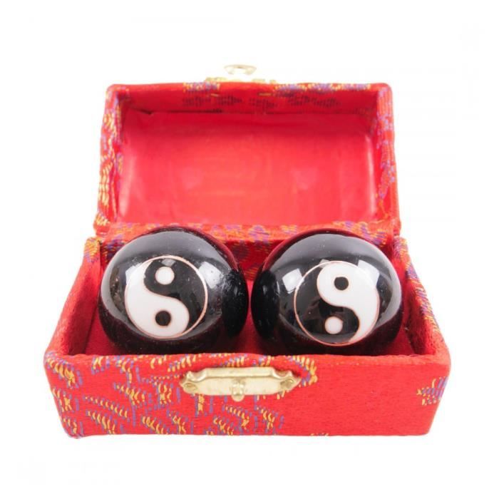 Coffret Boules Qi Gong En Émail - ⌀ 40mm - Yin Yang Rouge - Anti-Stress Et Relaxation - Décoration Asiatique Feng Shui