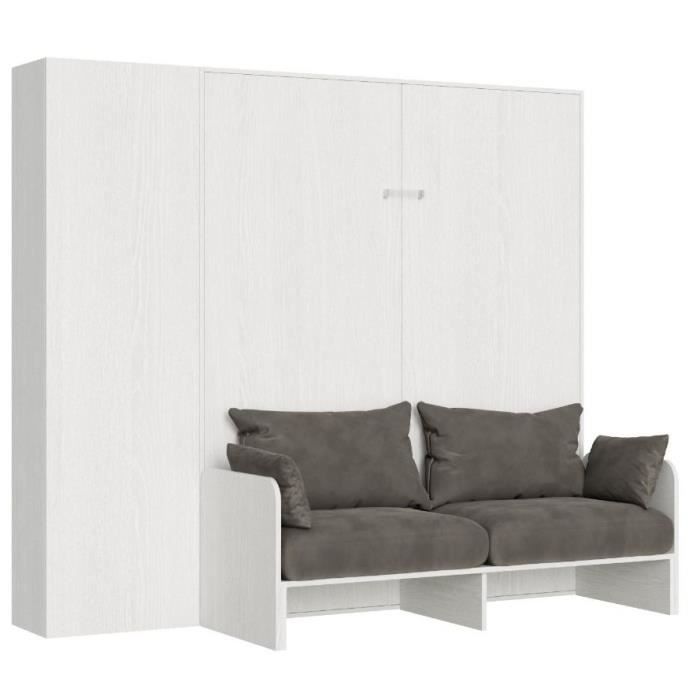 Armoire lit 140x190 cm avec canapé et colonne de rangement bois blanc Kanto Microfibre 41