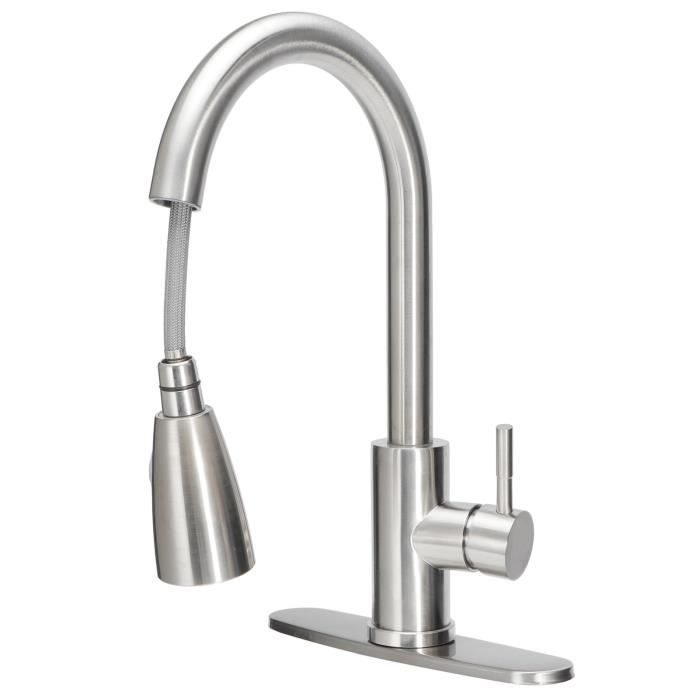 Robinet d'évier de cuisine en acier inoxydable avec pulvérisateur à tirer vers le bas, nickel brossé, style commercial, moderne, arc, poignée unique à trou unique pour bar, buanderie, camping-car