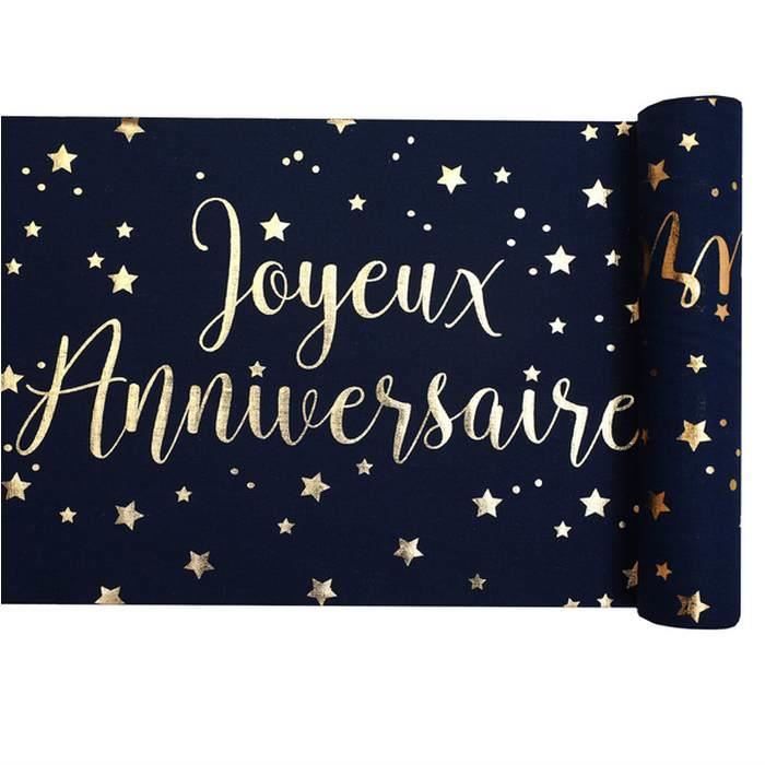 Chemin de table bleu marine et or Joyeux Anniversaire x 3 mètres