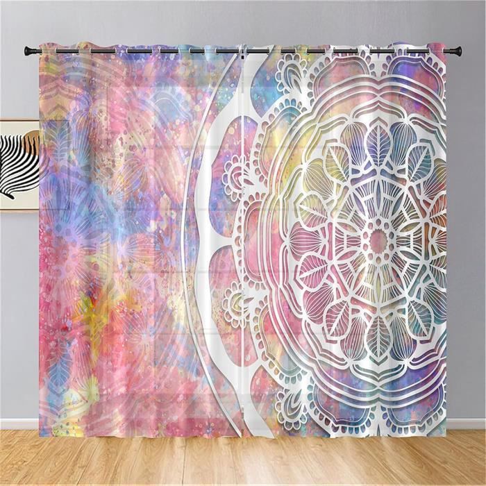 Hiseng Lot de 2 Rideaux Voilages, Licorne Rideau de Fenêtre Voile Rideau Semi-Transparent Rideau Voilage avec Oeillets Décor de Salon Balcon Chambre Salle de Bain (80x115cm,Rose Beau