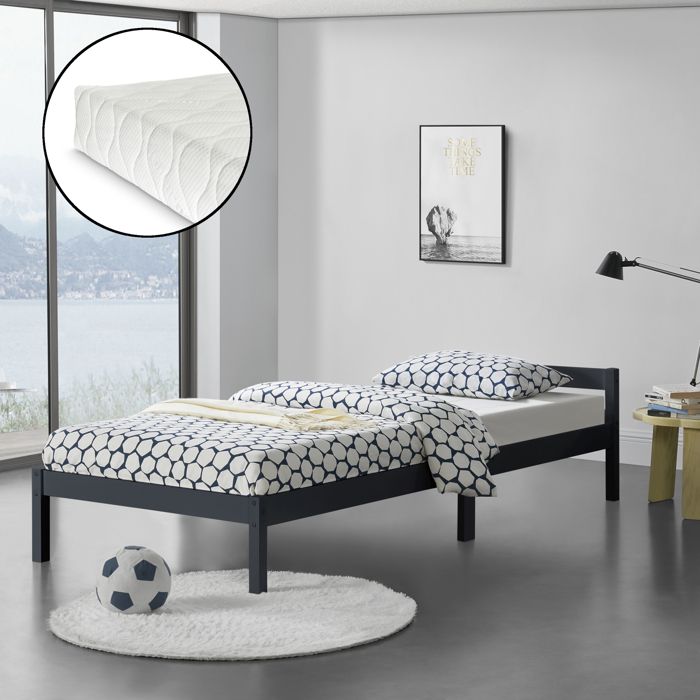 cadre de lit simple nakkila pin avec matelas à mousse à froid 90 x 200 cm gris foncé [en.casa]